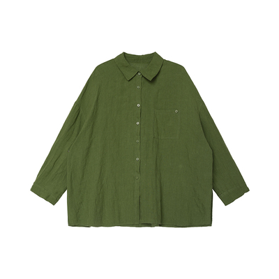 安妮森林100亚麻绿色麻料衬衫春