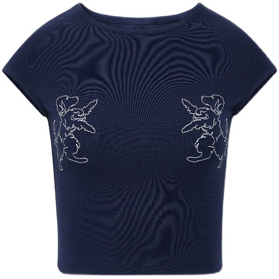 复古纹章刺绣小飞袖短款T恤