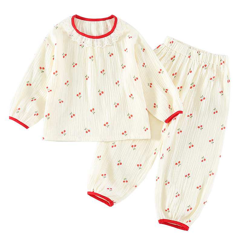 女童春秋樱桃印花纱布家居服套装