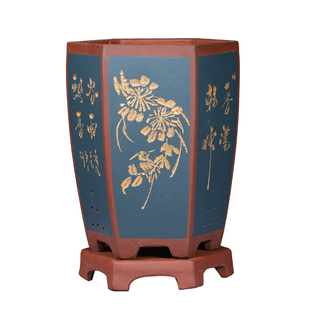 宜兴紫砂兰花盆六方形高盆蕙兰春兰专用精品兰草花盆清仓带底座