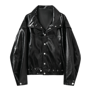 白口阳【黑鳄势力】设计感落肩鳄鱼皮夹克男ins宽松廓形外套春秋