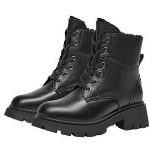 KISSCAT接吻猫新款增高真皮加绒系带黑色马丁靴保暖厚底雪地靴女