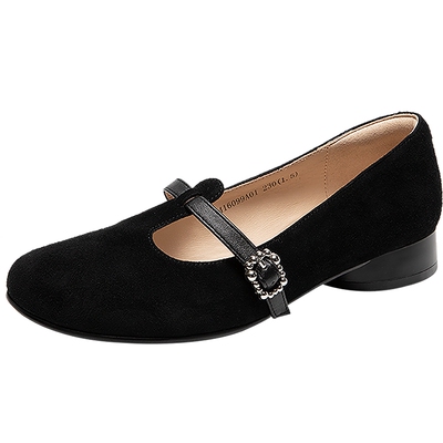 千百度复古T字带玛丽珍鞋女百搭气质新款羊皮低跟小香风浅口单鞋