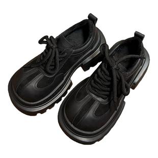 复古真皮松糕厚底小皮鞋女英伦风圆头德比鞋小个子增高加绒乐福鞋