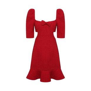 Maison Wester冬季关晓彤同款流行复古红小香风修身钻链连衣裙