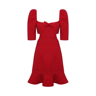 Maison Wester冬季关晓彤同款流行复古红小香风修身钻链连衣裙