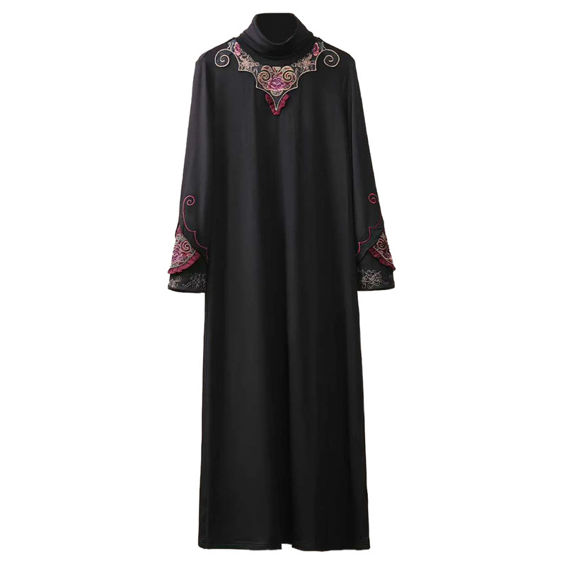 新中式国风撞色贴布刺绣气质高领长袖加厚加绒T恤裙打底裙连衣裙