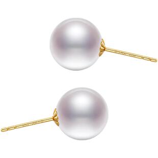 黛米珠宝 闪烁8-9mm媲美海水珠光泽正圆珍珠耳钉18K金素钉-配证书