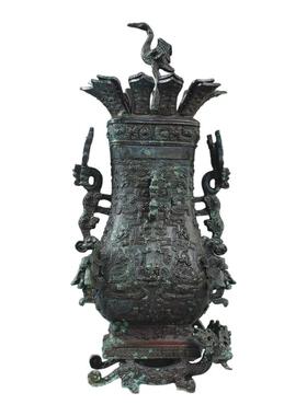 复古青铜器春秋莲鹤方壶酒器摆件