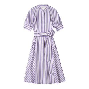 LILYSILK莉莉秀客紫白条纹收腰系带口袋真丝连衣裙简约气质裙