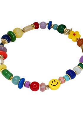 卡洛美彩虹笑脸手链女童趣可爱串珠手串多巴胺小众高颜值气质手饰