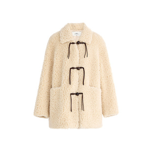 AUM噢姆冬季宽松机织羊毛时尚撞色盘扣一手长外套女