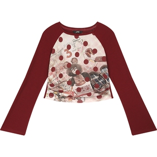 妖精的口袋红色插肩印花长袖t恤女2026早春新款修身内搭新年战袍