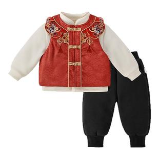 [抗菌锁温]汉服男童三件套加绒红色国风唐装儿童套装保暖宝宝冬装