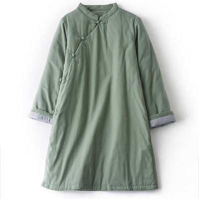 复古棉衣中长款棉麻夹棉加厚袍子中式斜襟棉服偏襟盘扣女棉袄秋冬