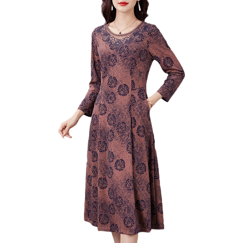 香妮芬气质中年妈妈圆领连衣裙女2025新款秋季季羊绒收腰显瘦长袖