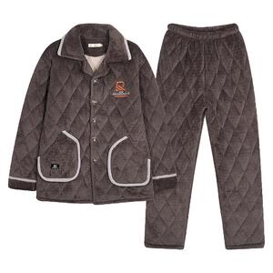 秋冬季珊瑚绒加厚加绒款三层夹棉袄男士睡衣保暖家居服套装可外穿