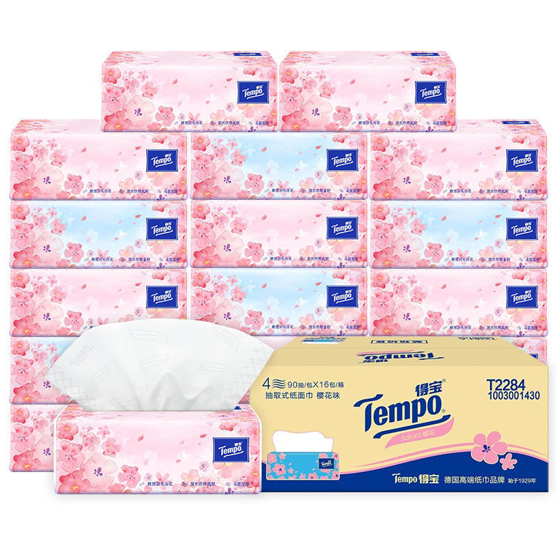 Tempo得宝樱花味软抽4层90抽卫生纸家用纸巾抽纸整箱餐巾纸面巾纸