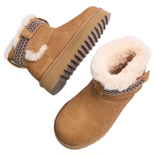 伽罗生活羔羊皮雪地靴女秋冬真皮加厚保暖抗寒平底休闲短筒厚底鞋