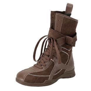 华耐棕色短靴女秋2025新款美拉德加绒西部牛仔靴马丁靴平底德训鞋