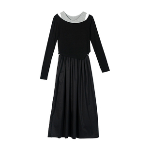 Missonep蝉【闲时趣】法式斜领针织背心配黑色梭织半裙两件套裙装