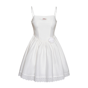 Kroche  纯白夏日 立体花别针 镂空蕾丝花边吊带连衣裙