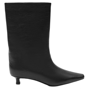 UDV细跟时装靴女2025秋冬新款羊皮中筒靴法式尖头猫跟短靴复古