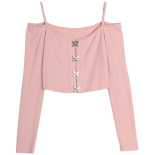 西町村屋T恤女新款秋法式浪漫蝴蝶金属甜酷短款长袖上衣AC8106006