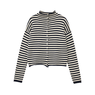 PRE PREWORKS趣味撞色条纹棉质羊绒混纺半高领针织开衫