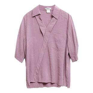 朵以2025夏装新款衬衫女时尚通勤V领高级宽松气质紫色短袖上衣