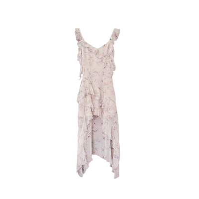 灰紫色不规则下摆荷叶边吊带裙