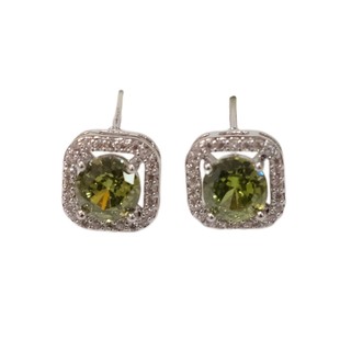 《莱茵湖畔》复古法式精致高级感橄榄绿锆石方形银色耳钉方糖耳夹