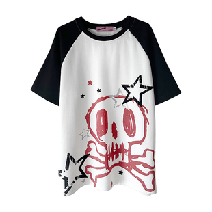 断片小说 原创夏季新品 轻亚宽松小众星星T恤中性二次元骷髅上衣