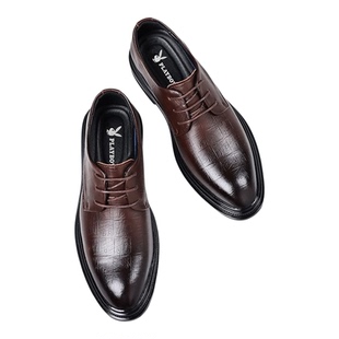 花花公子2026春季皮鞋男款真皮尖头棕色男士商务正装结婚新郎鞋子