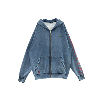 【明星同款】RuirUiruI深蓝连帽卫衣女洗水牛仔宽松长袖上衣