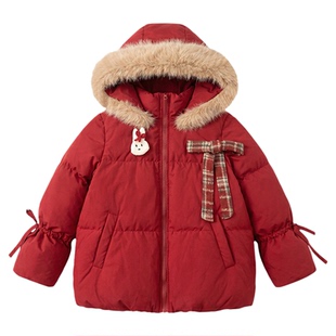 织物猪 黄油软糖 甜美风红色短款棉服外套女冬季可爱连帽新年棉袄