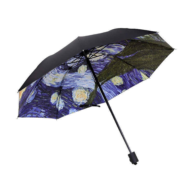 梵高油画晴雨伞黑胶防晒防紫外线晴雨两用太阳伞女户外三折遮阳伞