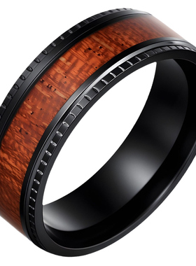 指环欧美自然风格新款饰品镀黑钛钢相思木钛钢男士不锈钢钛钢太钢