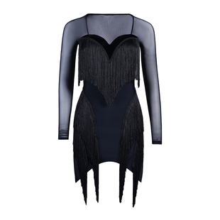 贝蒂流苏连衣裙新款拉丁舞练功服女网纱长袖带专业胸垫表演服BD28