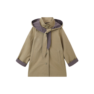 布丁哈鲁春装女童童装上衣2026春季新款儿童撞色格纹风衣外套