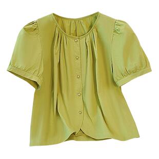 牛油果绿色纯棉泡泡短袖衬衣女2026夏季新款衬衫宽松显瘦短款上衣