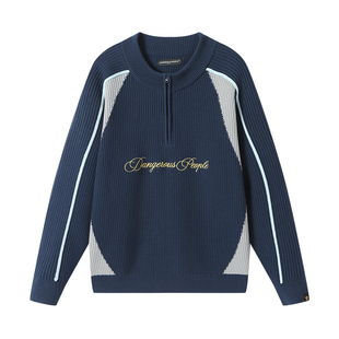 Dangerouspeople薛之谦dsp拼接嵌条撞色针织衫复古运动风情侣毛衣