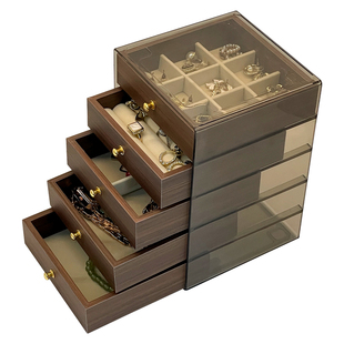 首饰收纳盒高级小众透明防氧化戒指耳钉环专用多层胡桃木质整理盒