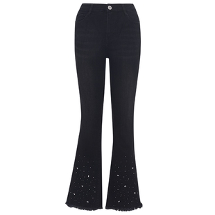 FEXATA斐格思2026春季新款黑色长裤高腰显瘦高街微喇水钻牛仔裤女