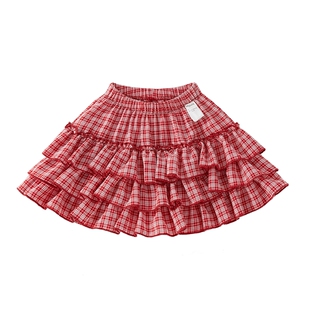 女童半身裙春季宝宝法式甜美2026新款红色格纹裙子洋气儿童蛋糕裙