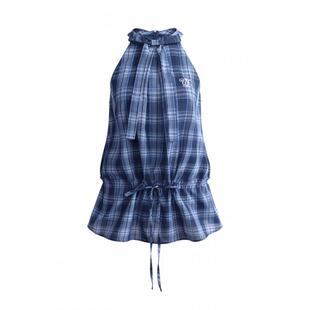 UNIFREE蓝色格纹挂脖连衣裙女夏季休闲显瘦无袖露肩宽松短款A字裙