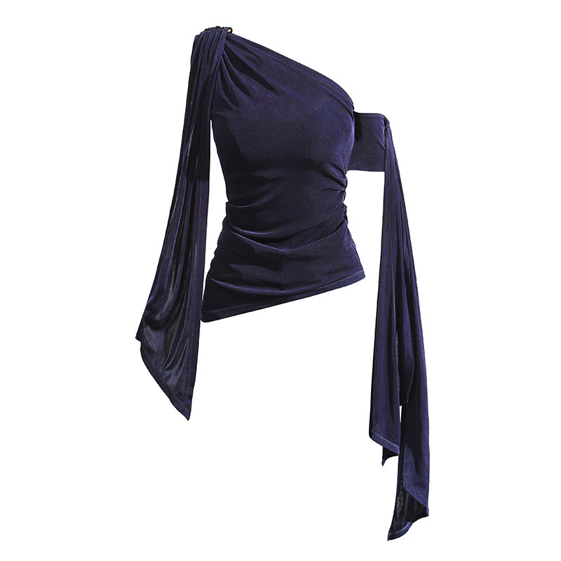 SINGLE MOMENT 25SS春夏醋酸法式斜肩设计飘带露肩无袖上衣背心女