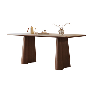 洞石岩板餐桌长方形中古风家用高端设计师款胡桃木色实木岩板餐桌