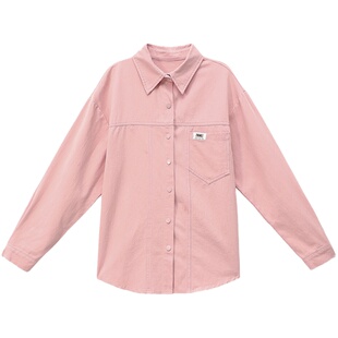 欧货休闲春秋女士衬衫外套小个子宽松薄款牛仔粉色衬衣外套设计感