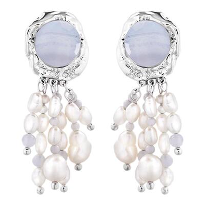 初印蓝纹玛瑙巴洛克珍珠流苏耳环